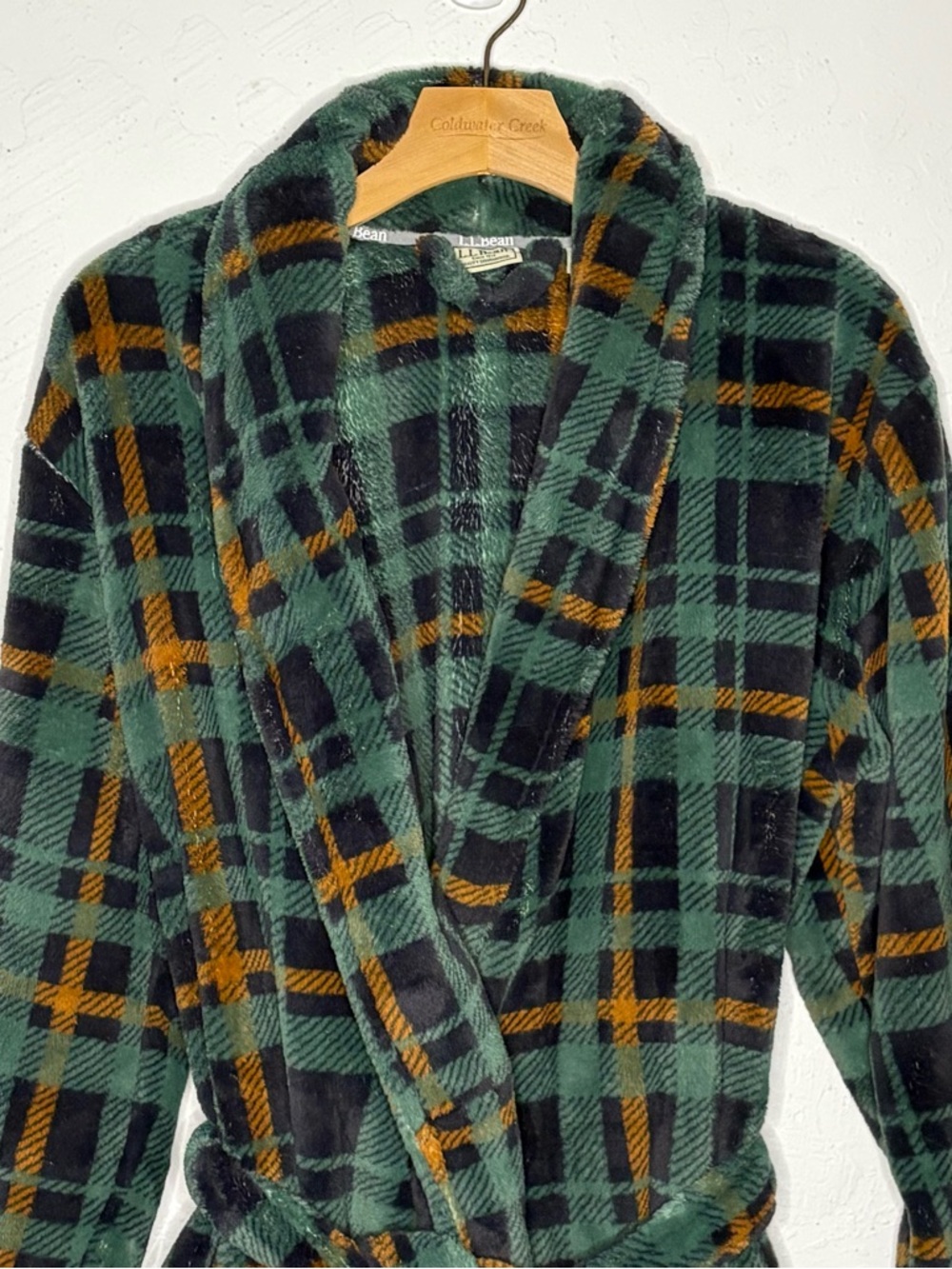 LL Bean Mens S Fleece Robe Green Plaid Shawl Collar Belted Plush Bathrobe Pocket - Picture 3 of 14